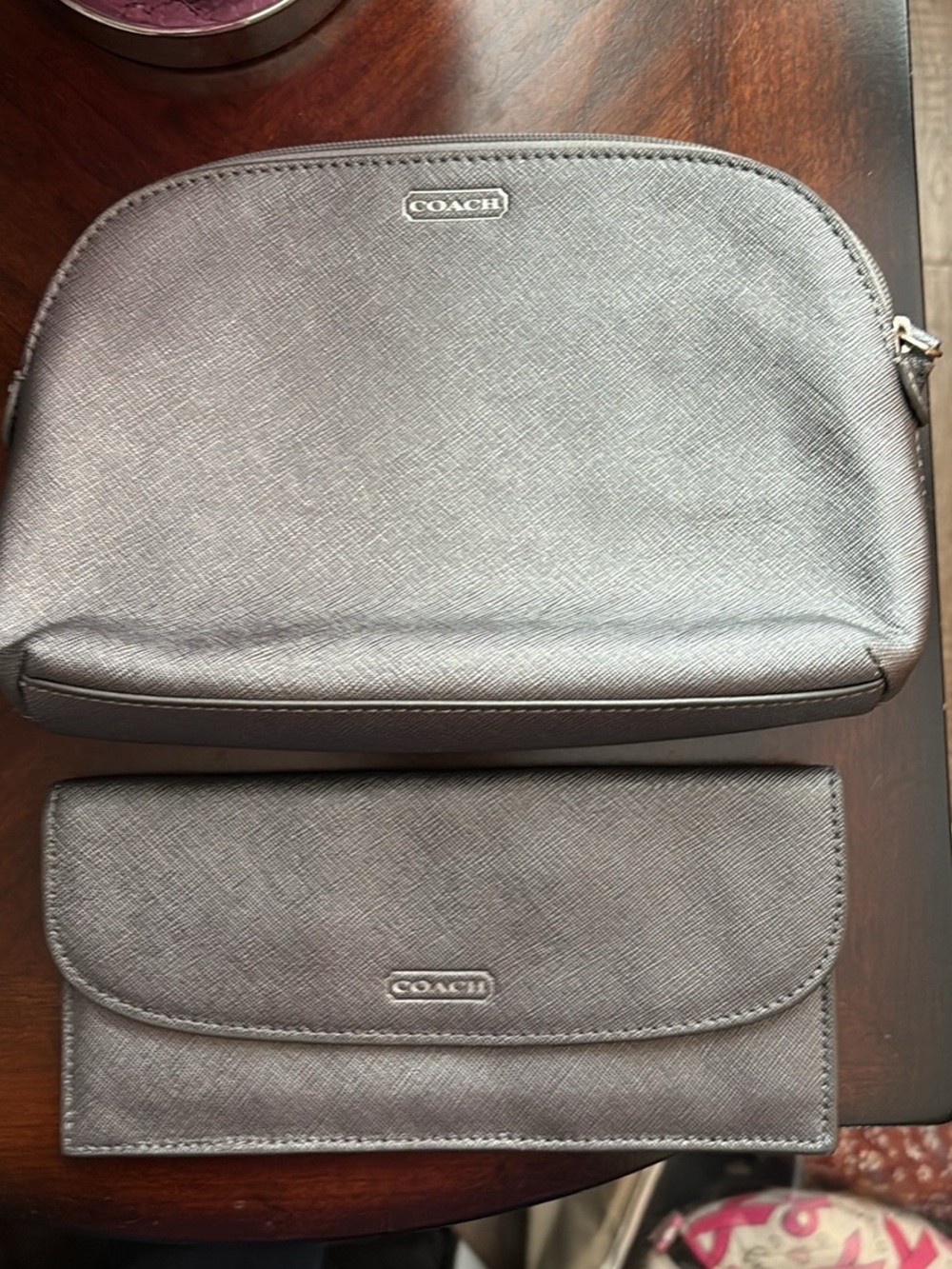 Coach Metallic Gray Cosmetic Pouch and Wallet Set